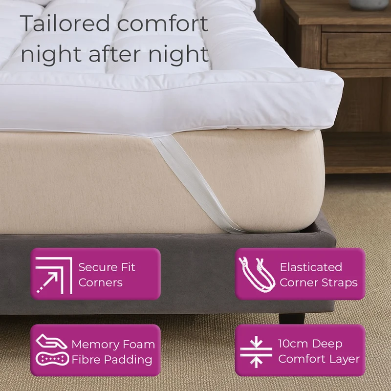 Neo Super King Mattress Topper Soft Memory Foam Plush Bounce Fibre Breathable Diamond Quilted Fabric Elastic Anti Slip Corner Straps Secure Fit All UK Bed Sizes