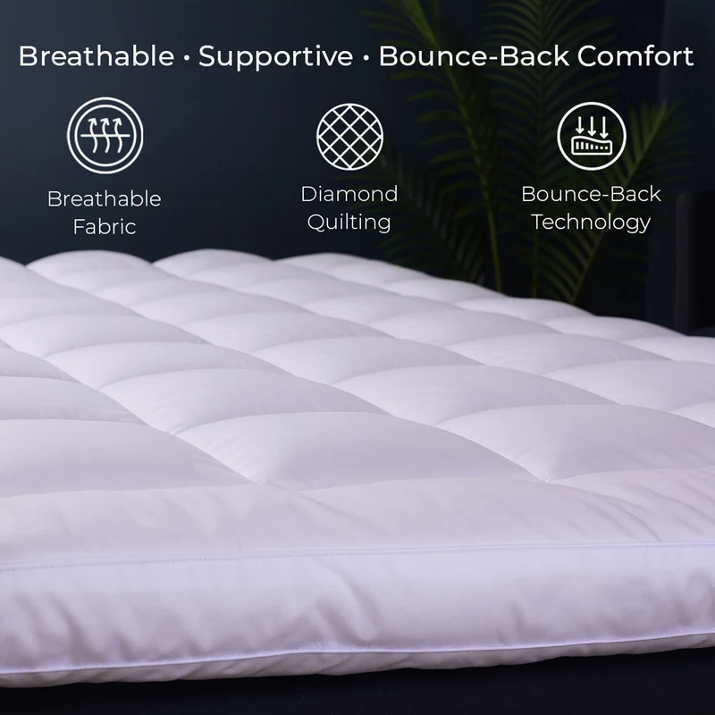 Neo Double Mattress Topper Soft Memory Foam Plush Bounce Fibre Breathable Diamond Quilted Fabric Elastic Anti Slip Corner Straps Secure Fit All UK Bed Sizes