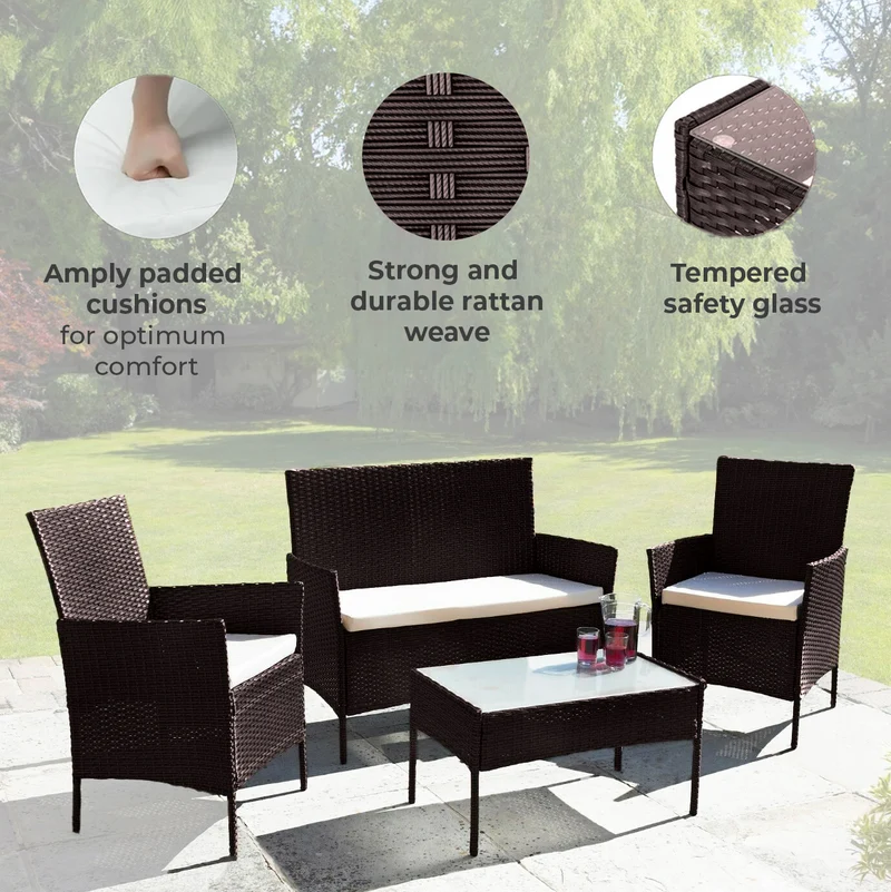 Neo Brown 4 Piece Rattan Outdoor Furniture Garden Sofa Set